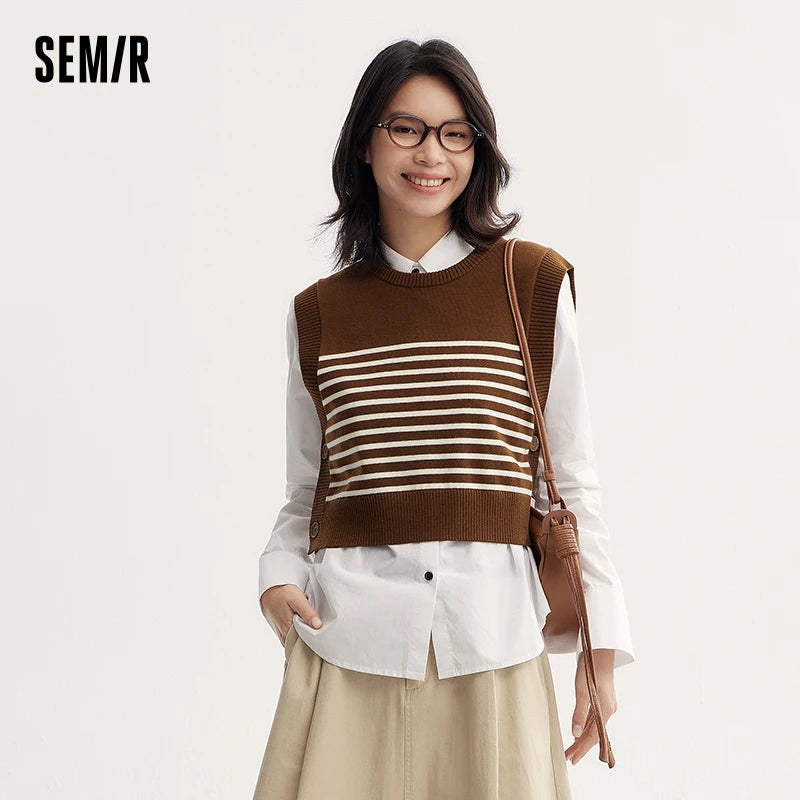 Semir Sweater Women Striped Vest Solid Color Shirt 2024 Autumn New Loose Two-Piece Pullover Sweater