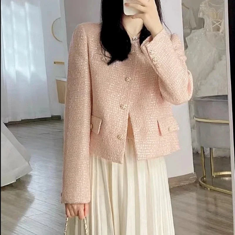 Small Fragrance Runway Fall Winter French Tweed Wool Sweet Pink Jackets Coat Women's Chic High End Female Outerwear Suit