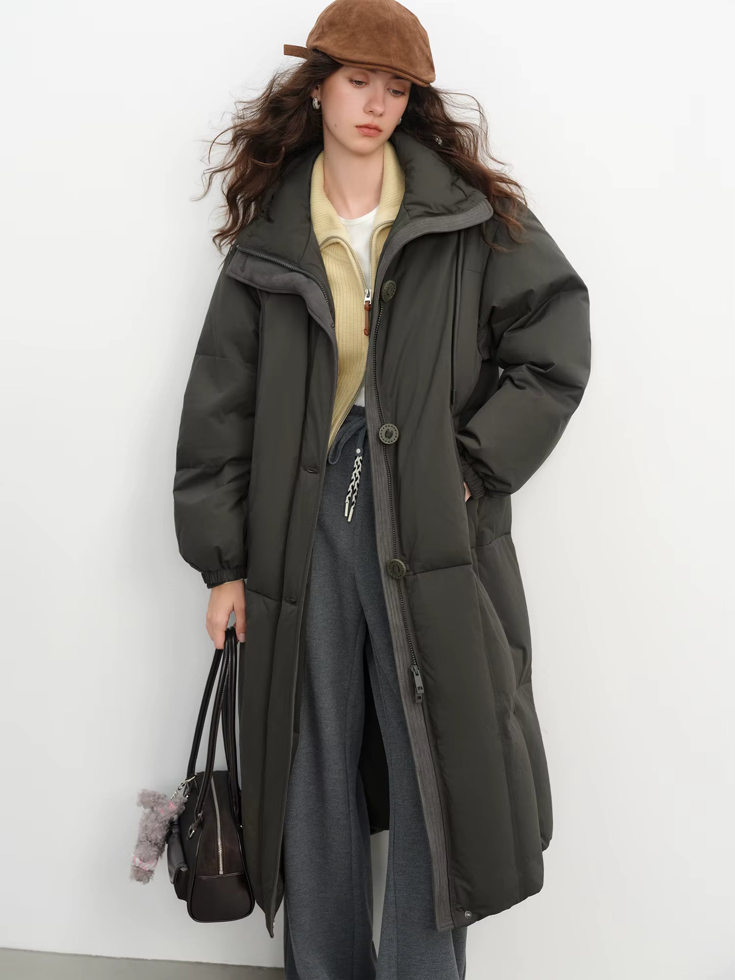 Winter Women Mid-Length Puffer Downcoat with Stand Collar Korean Style Slouchy Down Jacket Loose Fit Warm Soft Outerwear