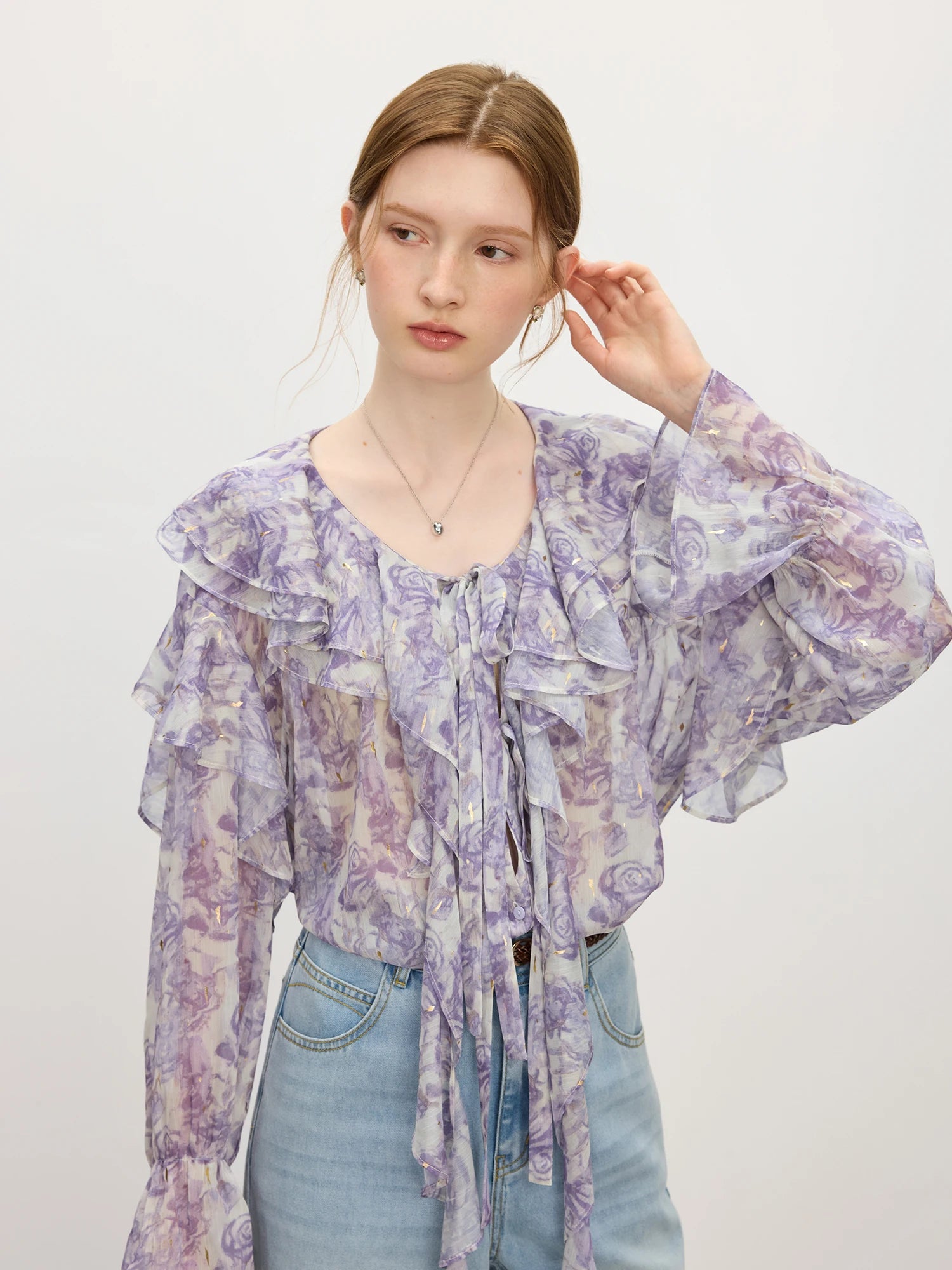 FSLE French Rose Ruffle Collar Shirt Women 2025 Summer New Commuter Long-sleeved Top