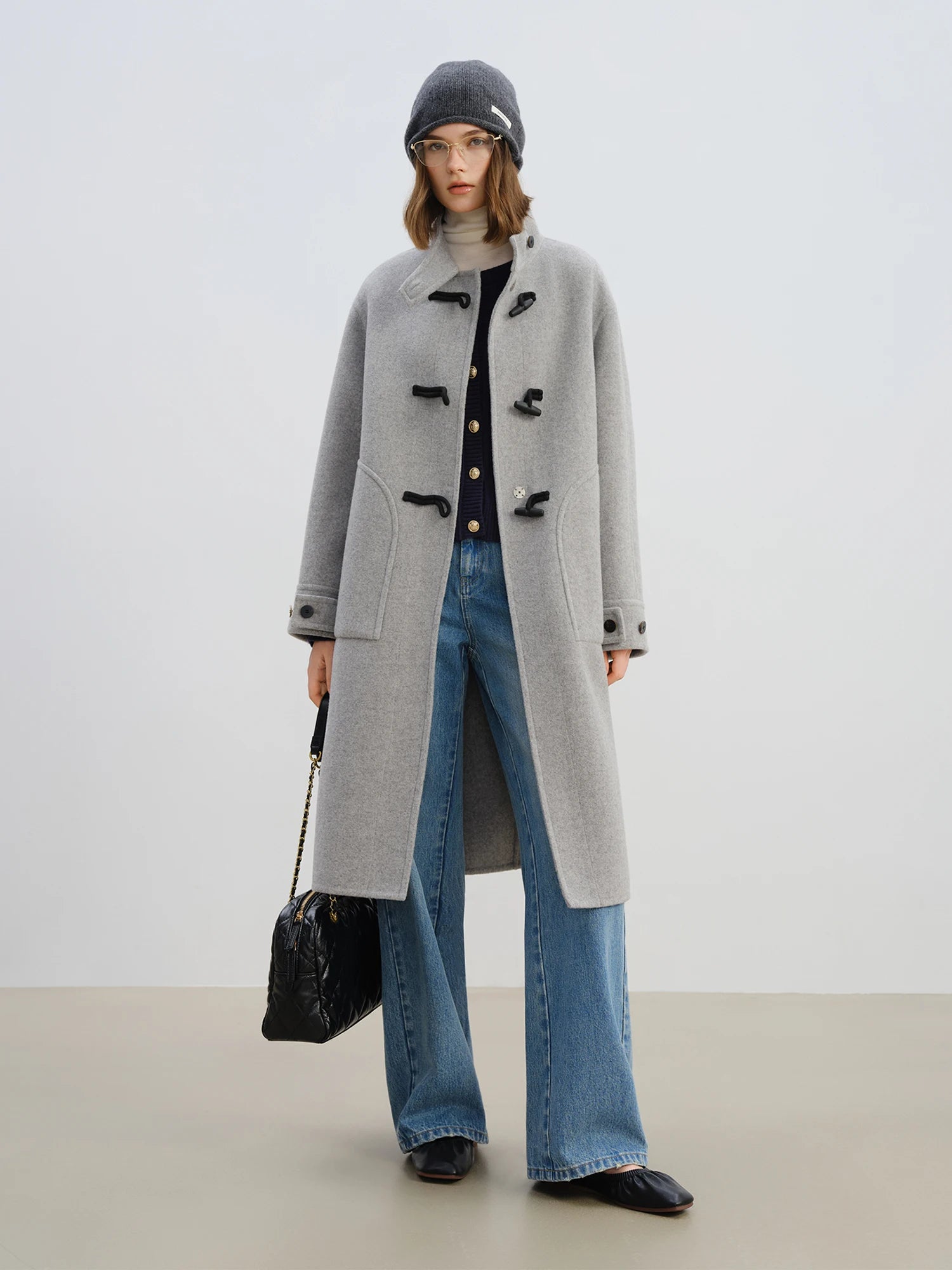 Crafty Studio Wool Coat for Petite Women with Horn Buttons, Standing Collar, and Double-Faced Design 2025 New