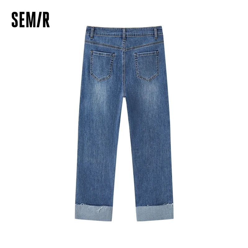 Semir Jeans Women Straight-Leg Trendy Autumn Fashion Frayed Edge Turn-Up Long Legs-Enhancing Nine-Point Trousers