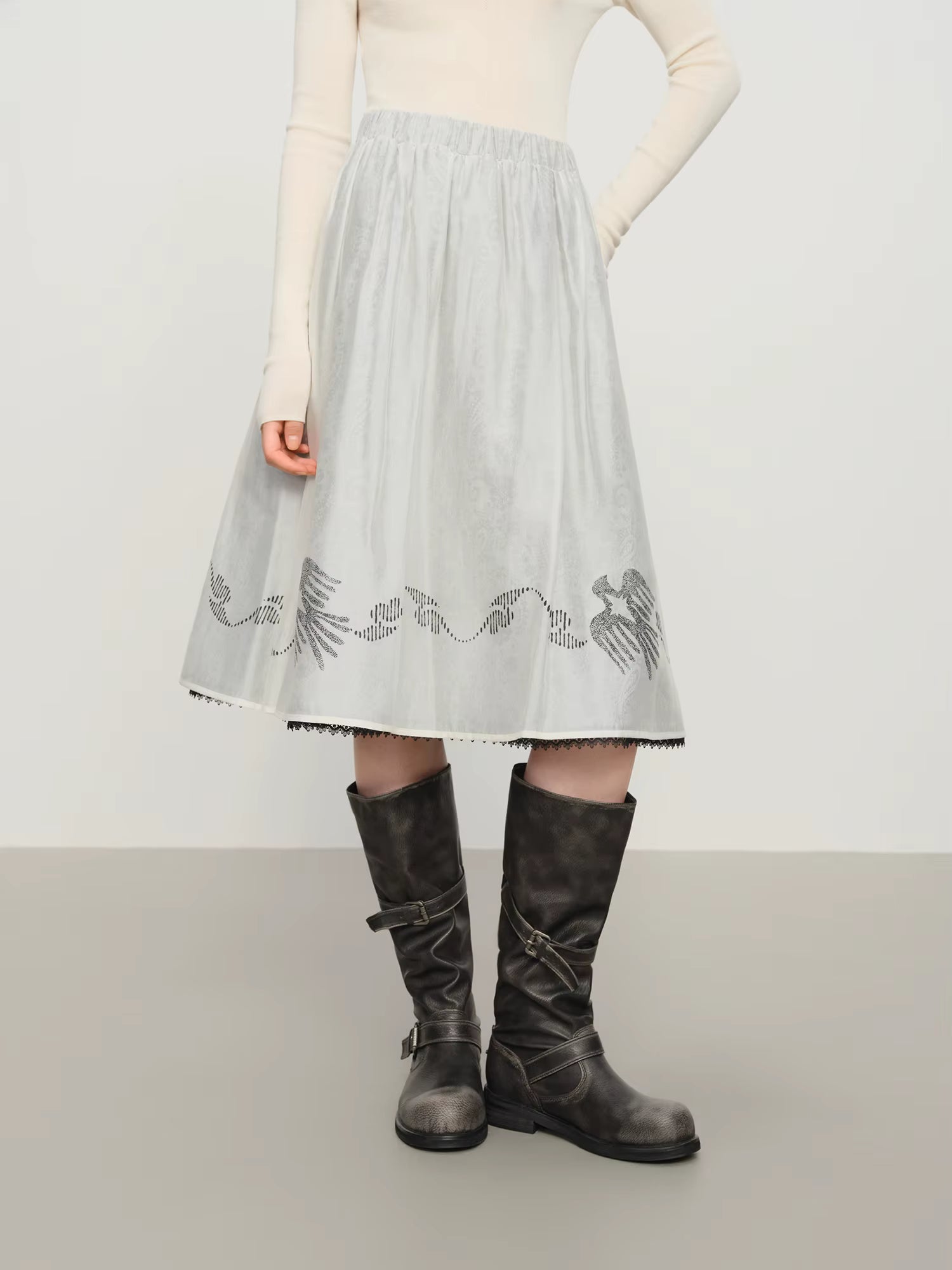 【Premium Series】Commuter Double-layer A-line Skirt Winter New Skirt Retro Print Elastic Waist Solid Ins Elegant Ladies