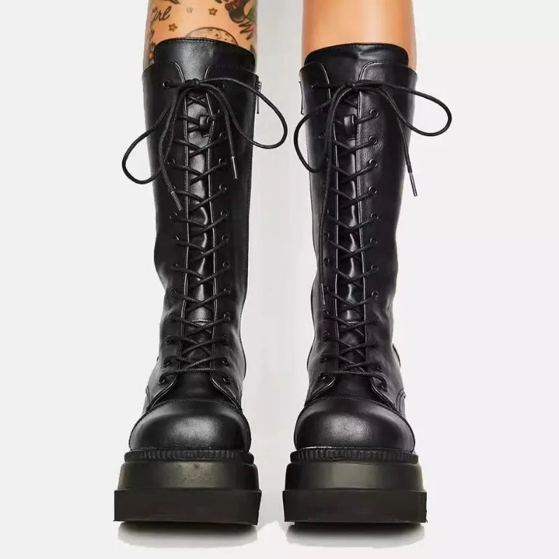 Winter Boots Women Platform Shoes Booties Rain Combat Military Short Leather Black New Rock Punk Goth Lolita Clearance Offers
