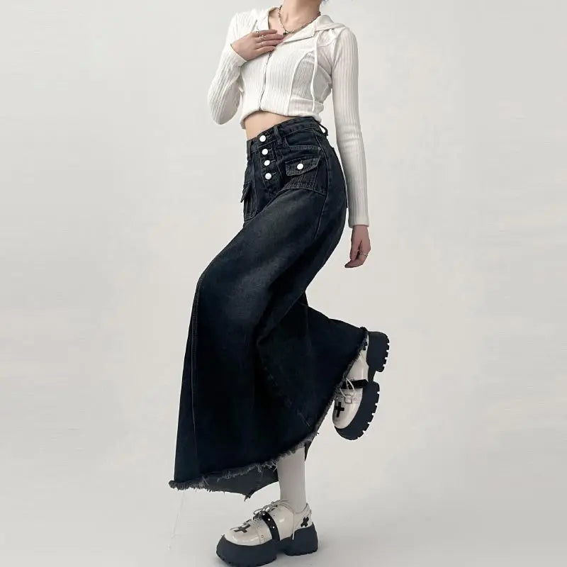High-waisted Cargo Denim Skirt Women's Autumn Long A-line Mid-length Skirt Retro Raw Edge Y2k Female Clothing Korean Style