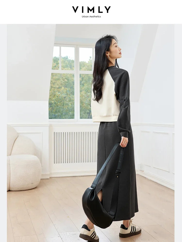 VIMLY Women's Simple Commuter Sweatshirt Top Straight Skirt with Back Split SkirtSuit Autumn Fashion Colors Blocking CasualSuit