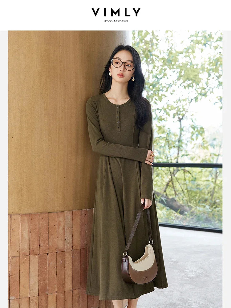 VIMLY Women's Simple Elegant Dress Autumn Semi Open Neck Waisted Pullover Knit Long Dress Casual Office Lady Versatile Dress