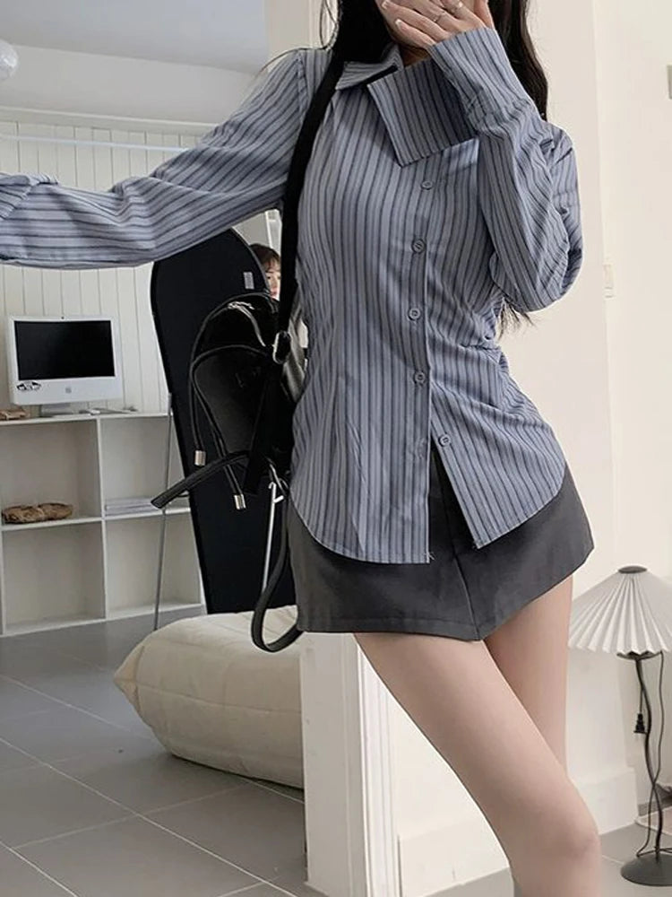 Zoki Harajuku Retro Striped Shirt Women Korean Fashion Slim Embroidery Blouse Preppy Style All Match Long Sleeve Casual Tops