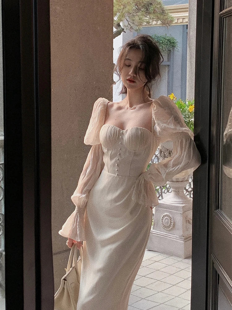 Vintage Women Fashion Elegant Puff Sleeve Midi Corset Maxi Dress
