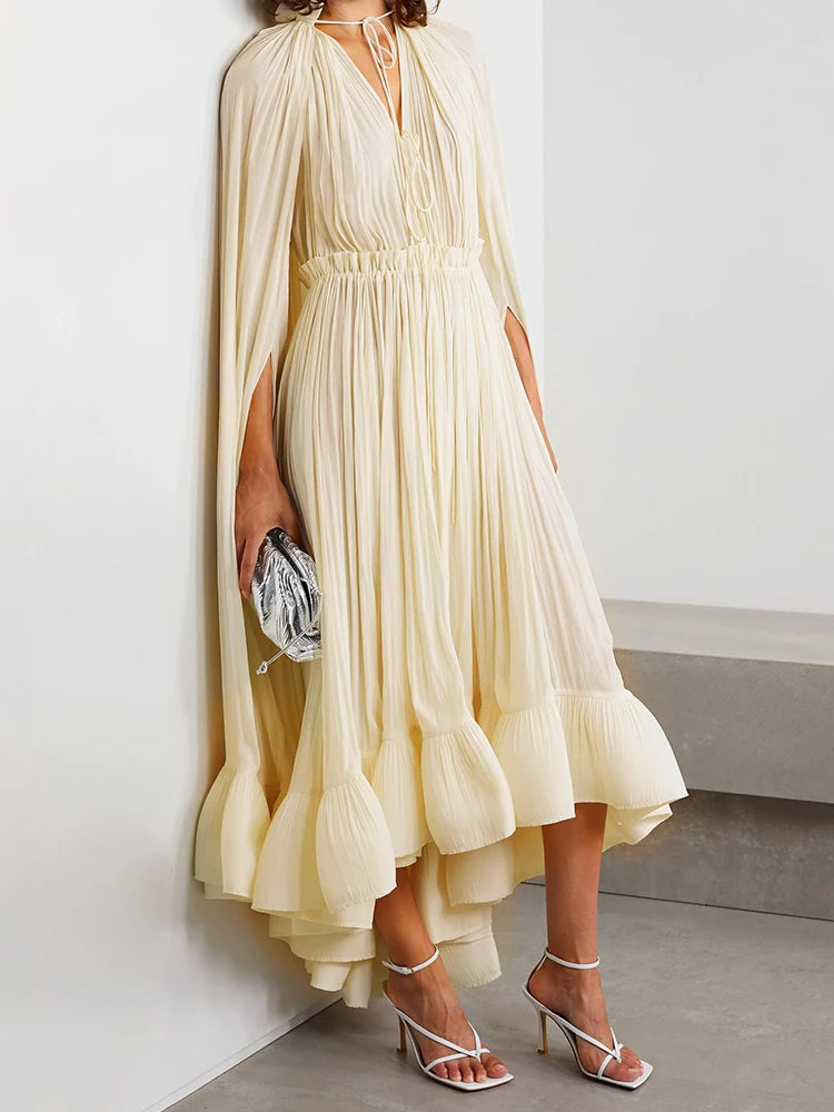 VGH Ruffles Irregular Solid Dresses For Women V Neck Cloak Sleeves High Waist Spliced Lace Up Loose Folds Dress Female Summer