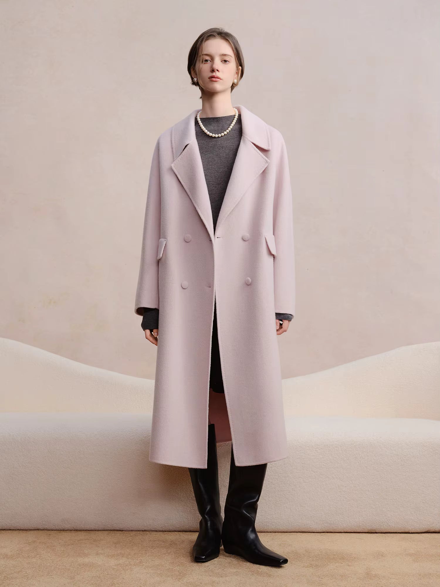 Double-breasted Cashmere Wool Coat Elegant Ladies Women Commuting Simple Temperament Mid-calf Length British Style