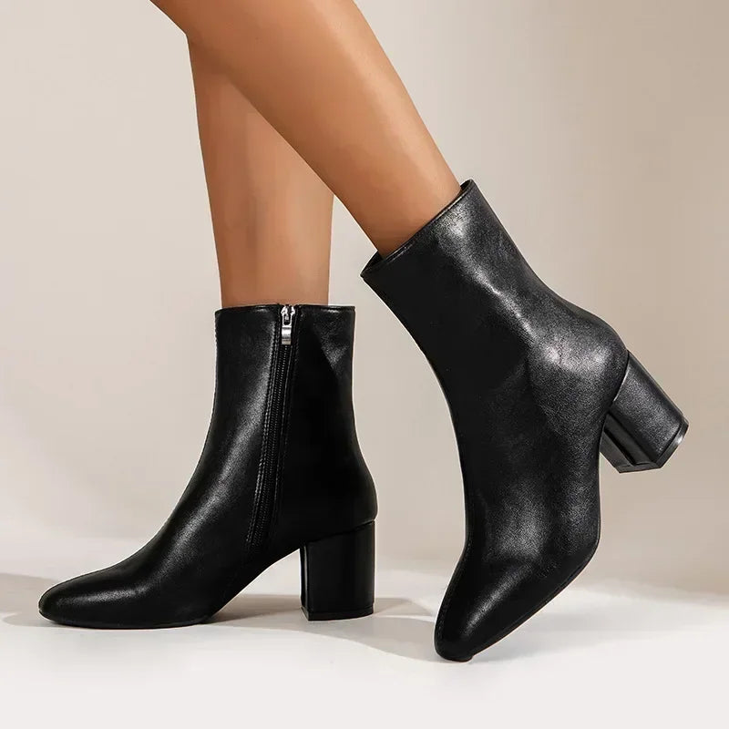 White Ankle Boots for Women Side Zipper Stretch Middle Heel Large Size Short Boot Fashion Pointed Shoes Botas De Mujer 2024