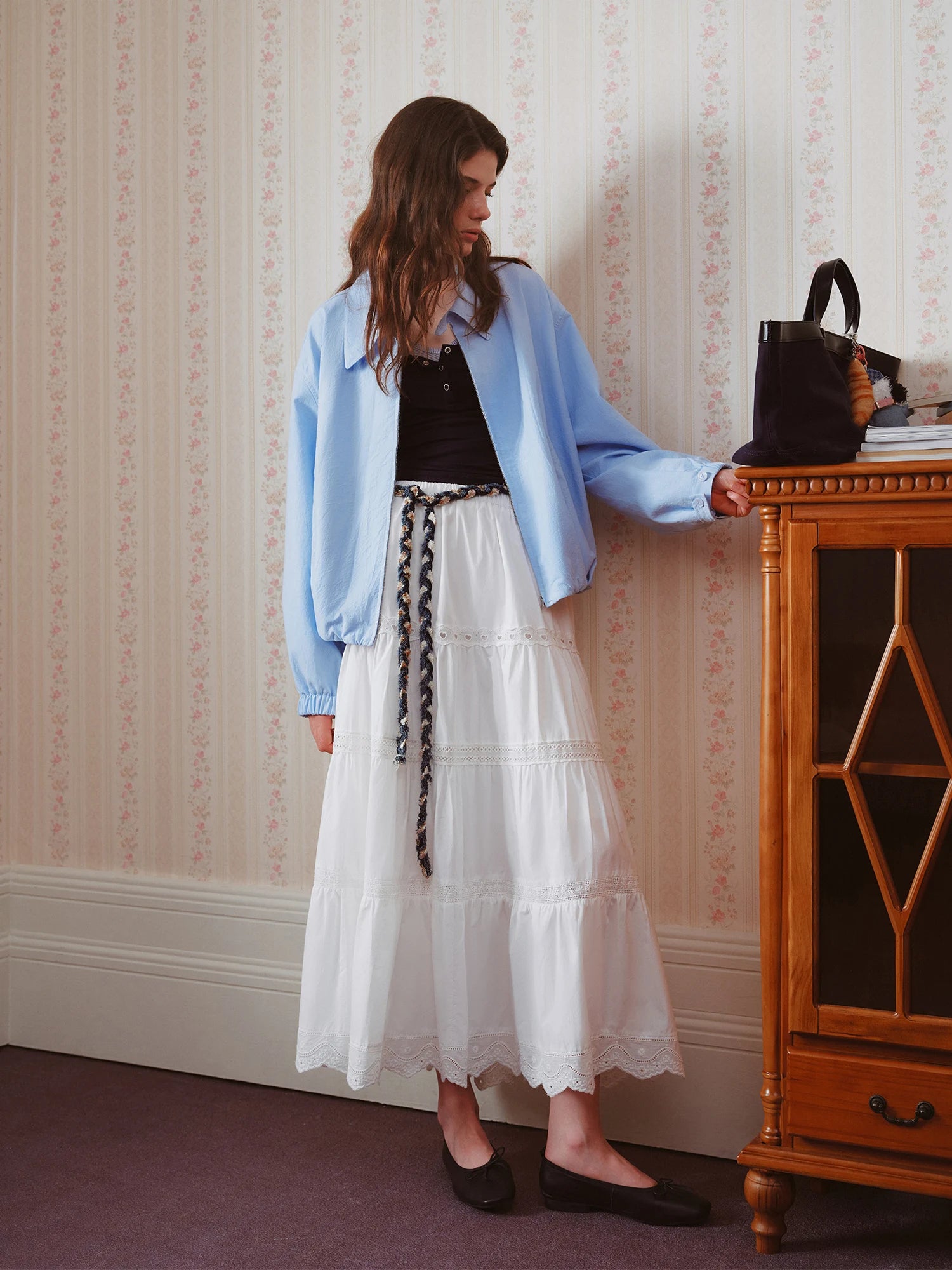 FSLE High Waist Lace Stitching Heavy A-line Super Long Cake Skirt Female 2025 Early Autumn New