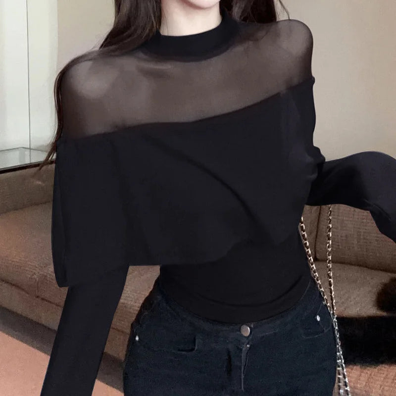 Red Ladies Undercoat Casual Tops Autumn Winter Thin Solid Color Pullovers 2023 New Vintage Women's Clothing Sexy Slim T-Shirts