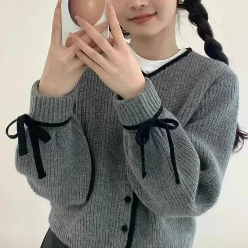 Deeptown Korean Style Gray Knitted Cardigans Youthful Woman Vintage Casual Cozy Sweaters Harajuku Aesthetic Outerwears Autumn