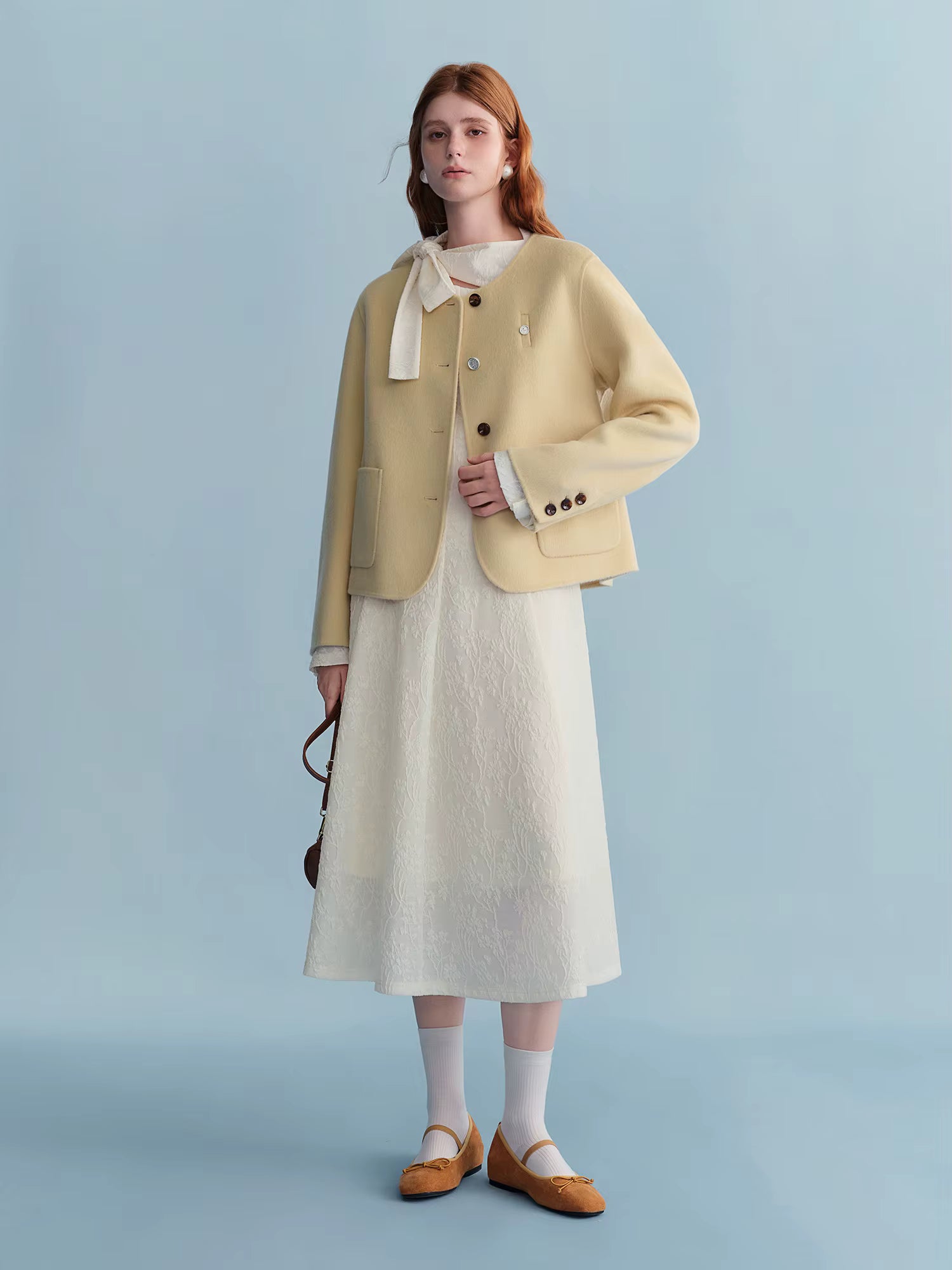 Sweet Yellow Round Neck Short Wool Woolen Coat Straight Cropped Coat Winter Simple Korean Style Girlish