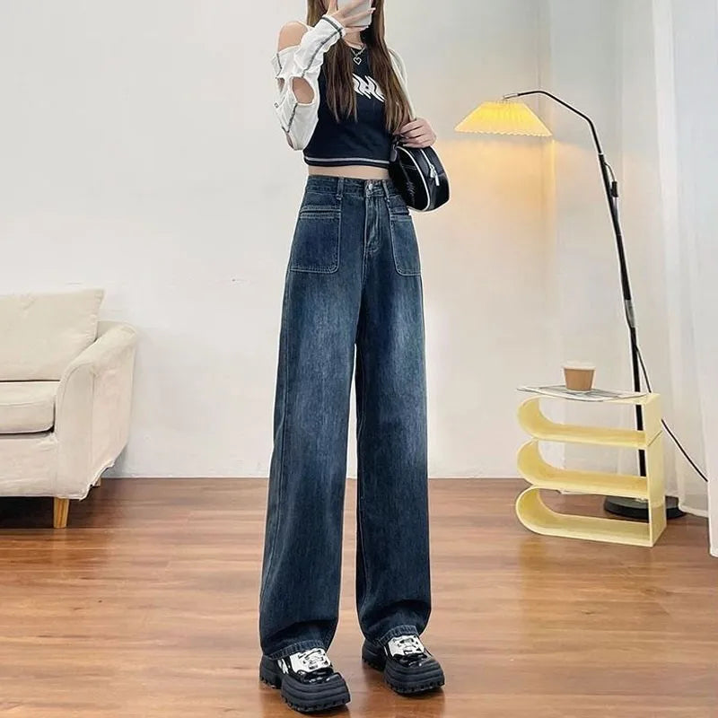 Loose Straight Leg Jeans Women's Front Pocket Design High Waist Floor Female Trousers American Wide Leg Long Pants Classic