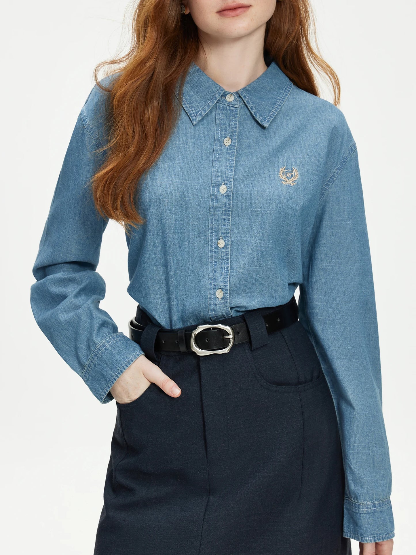 FSLE Women Long Sleeve Denim Blouse Embroidery Female Drop Sleeve Casual Cotton Shirts Light Denim Blue Shirt Top 24FS14486