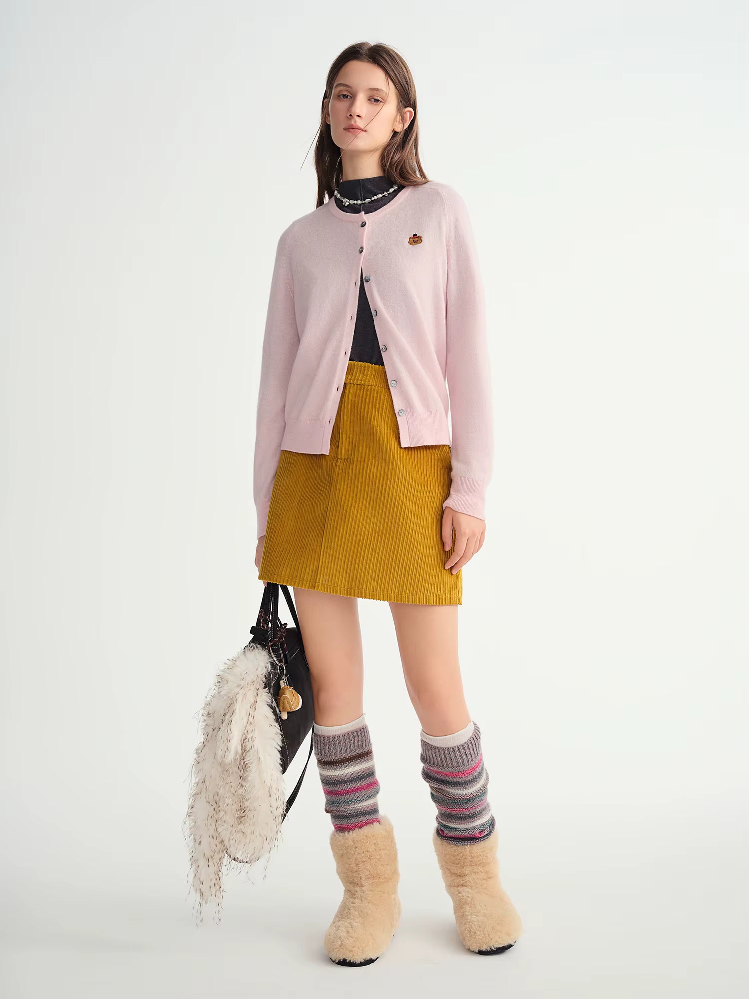 Cute Animal Pattern Embroidery Round Neck 100% Wool Slightly Oversized Knit Cardigan Long Sleeve Top