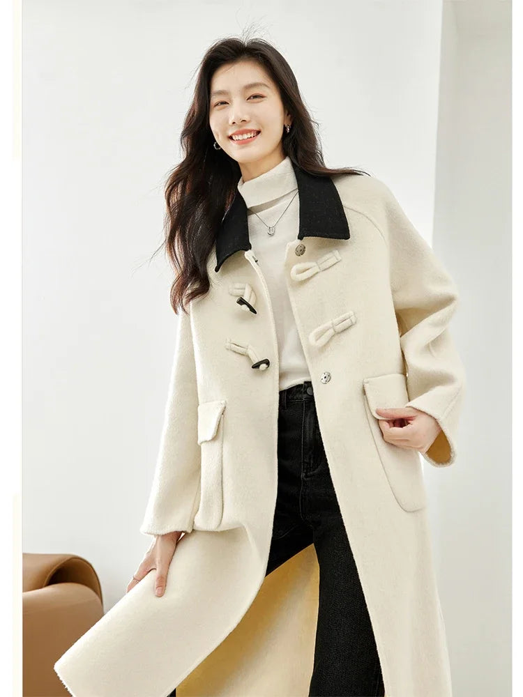 VIMLY Women's Office Lady Woolen Coat Winter Long Straight Overcoat Contrast Color Lapel Coats Female Simple Casual Outerwear