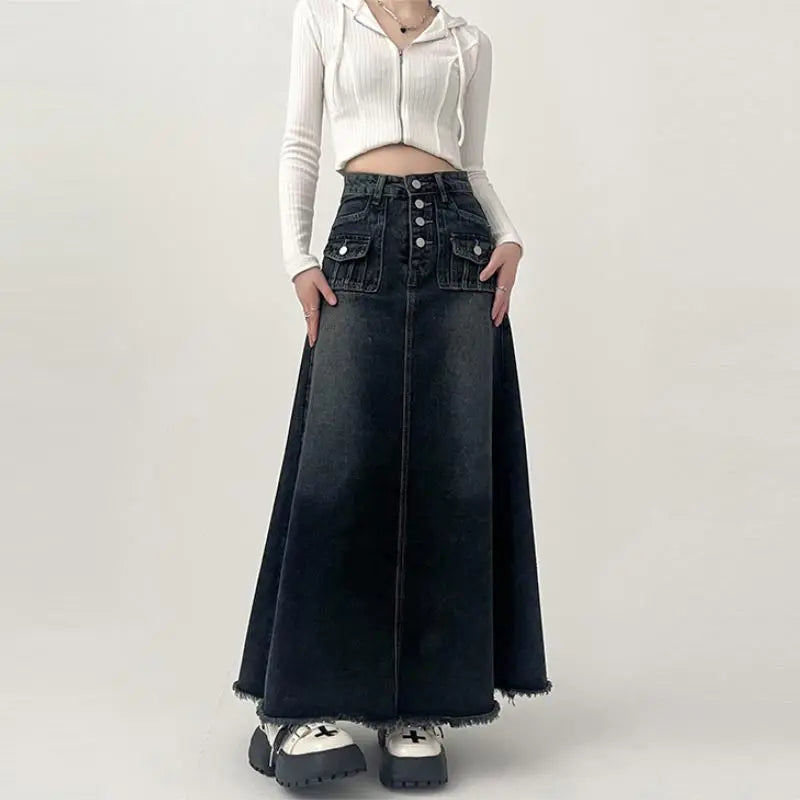 High-waisted Cargo Denim Skirt Women's Autumn Long A-line Mid-length Skirt Retro Raw Edge Y2k Female Clothing Korean Style