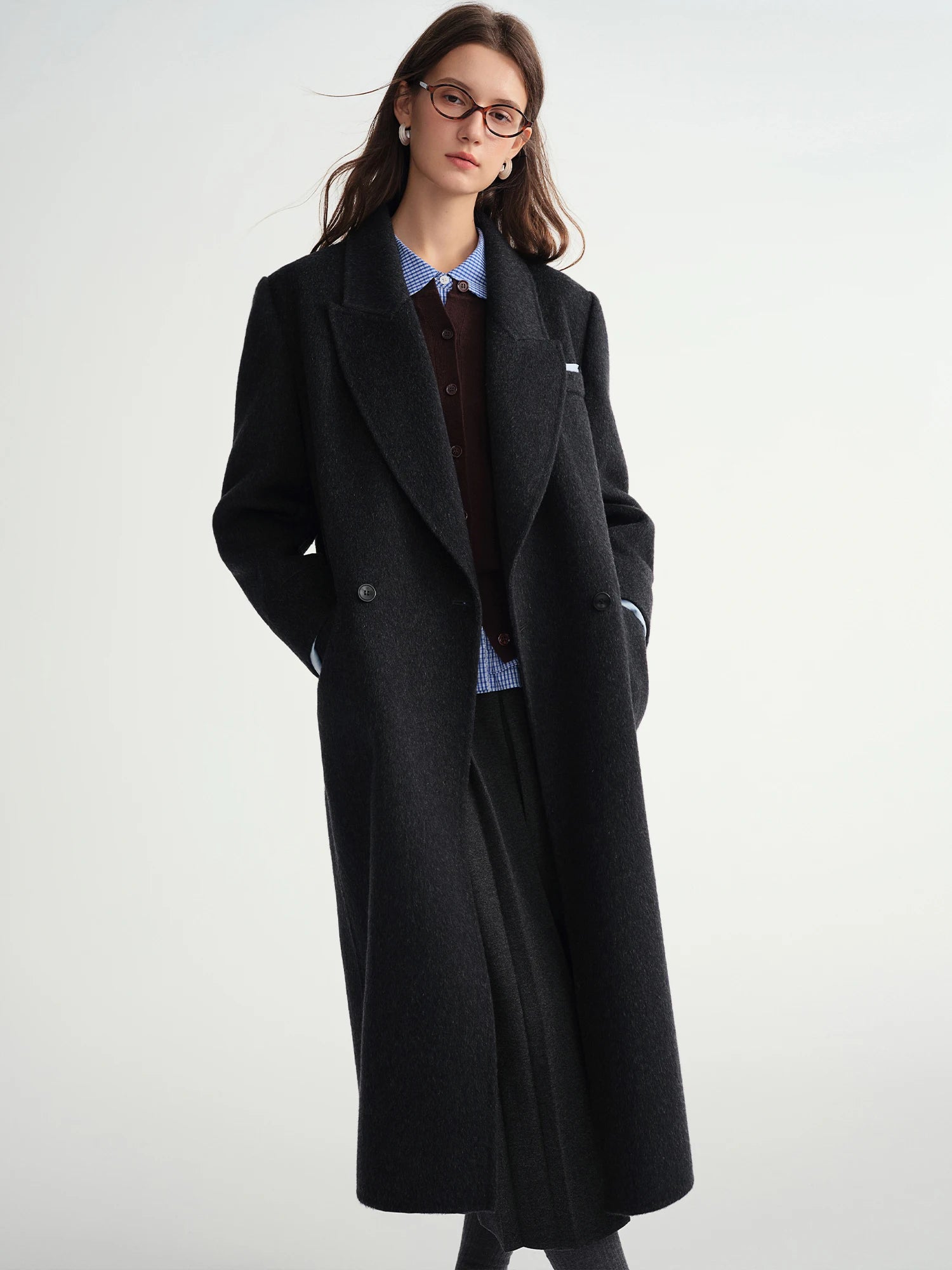 Temperament Turn Down Collar Long Woolen Coat Straight Shoulder Pure Wool Coat European Style Commuting Elegant