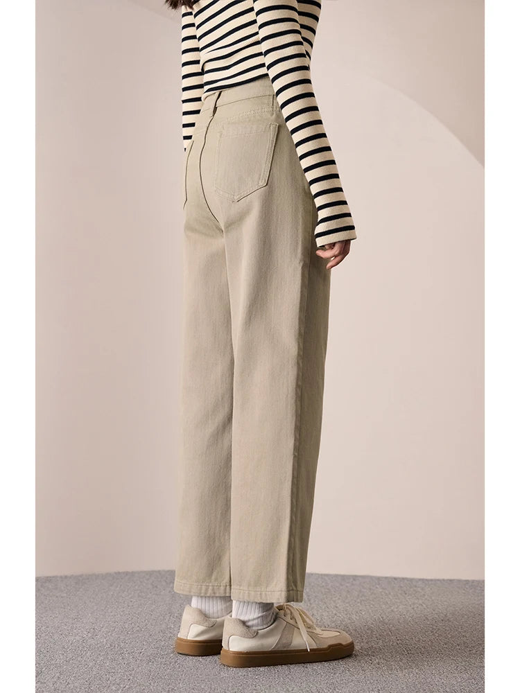 ZIQIAO Casual Style Retro Straight Wide-leg Jeans for Women 2023 New Autumn High Waist 100% Cotton Thin Nine-point Pants Female