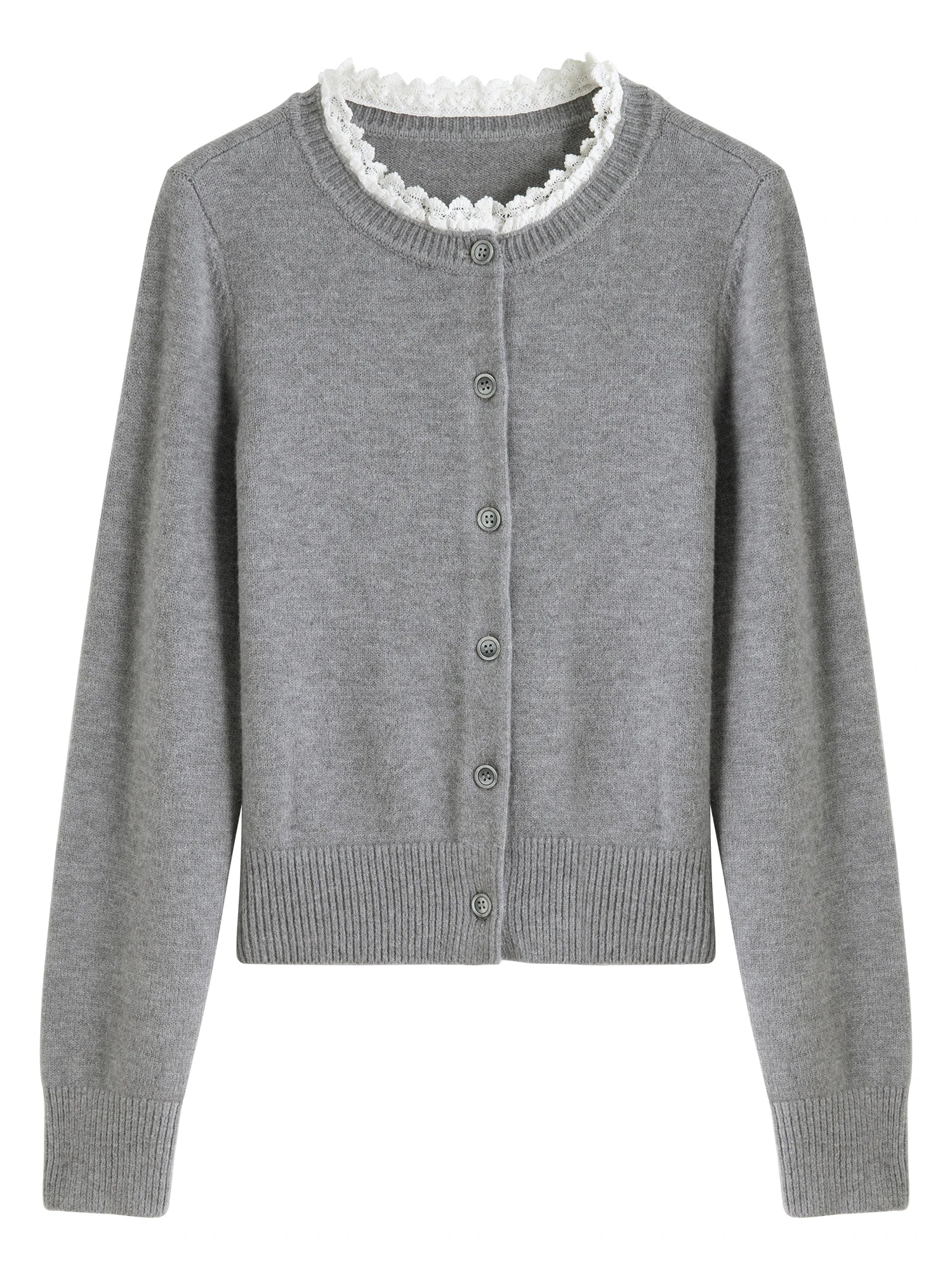 ZIQIAO Autumn 2025 Women's Retro Lace Trim Cardigan - Sweet Style Round Neck Knit Top Vintage Inspired Design Casual Layering