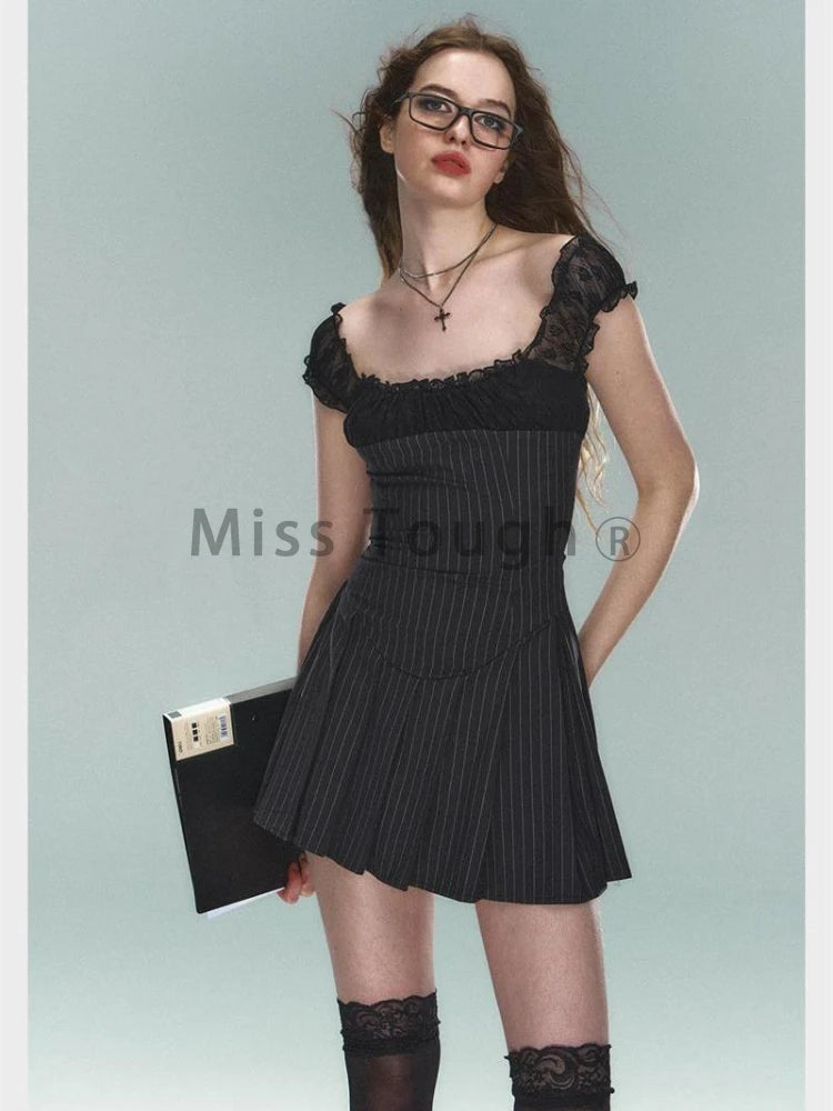 Vintage Stripped Lace Pleated Strap Dress Women 2024 Y2k American Short Dresses Fashion Chic Short Sleeve Streetwear Clothing