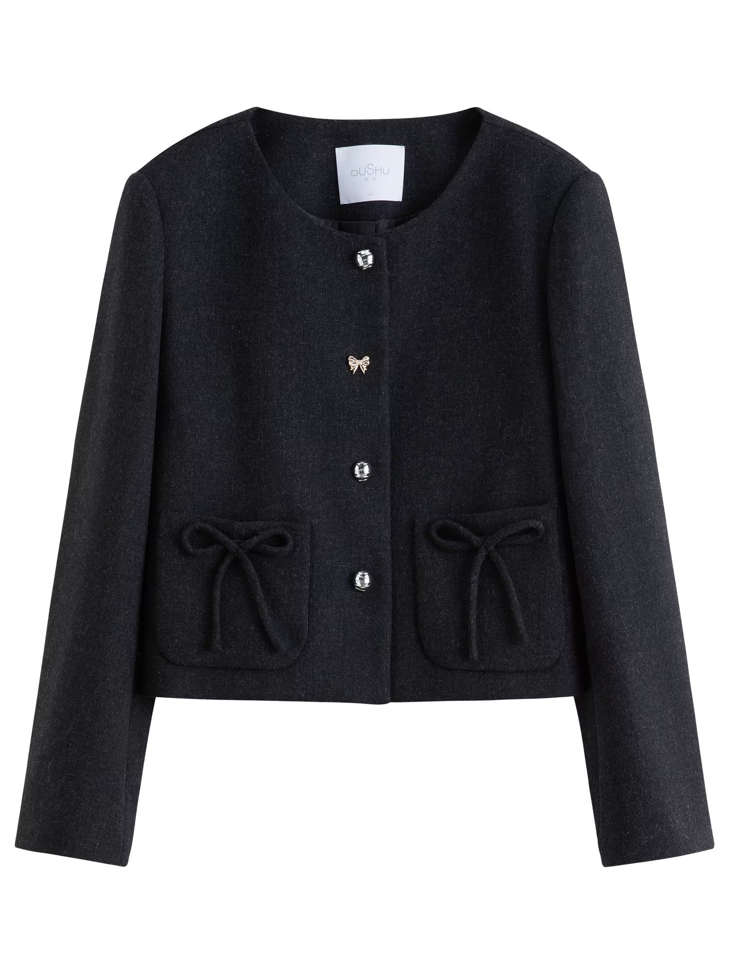 Women's Black Wool Short Blazer With Bow Detail Structured Shoulder Slimming Cropped Jacket Top Elegant Boutique Style