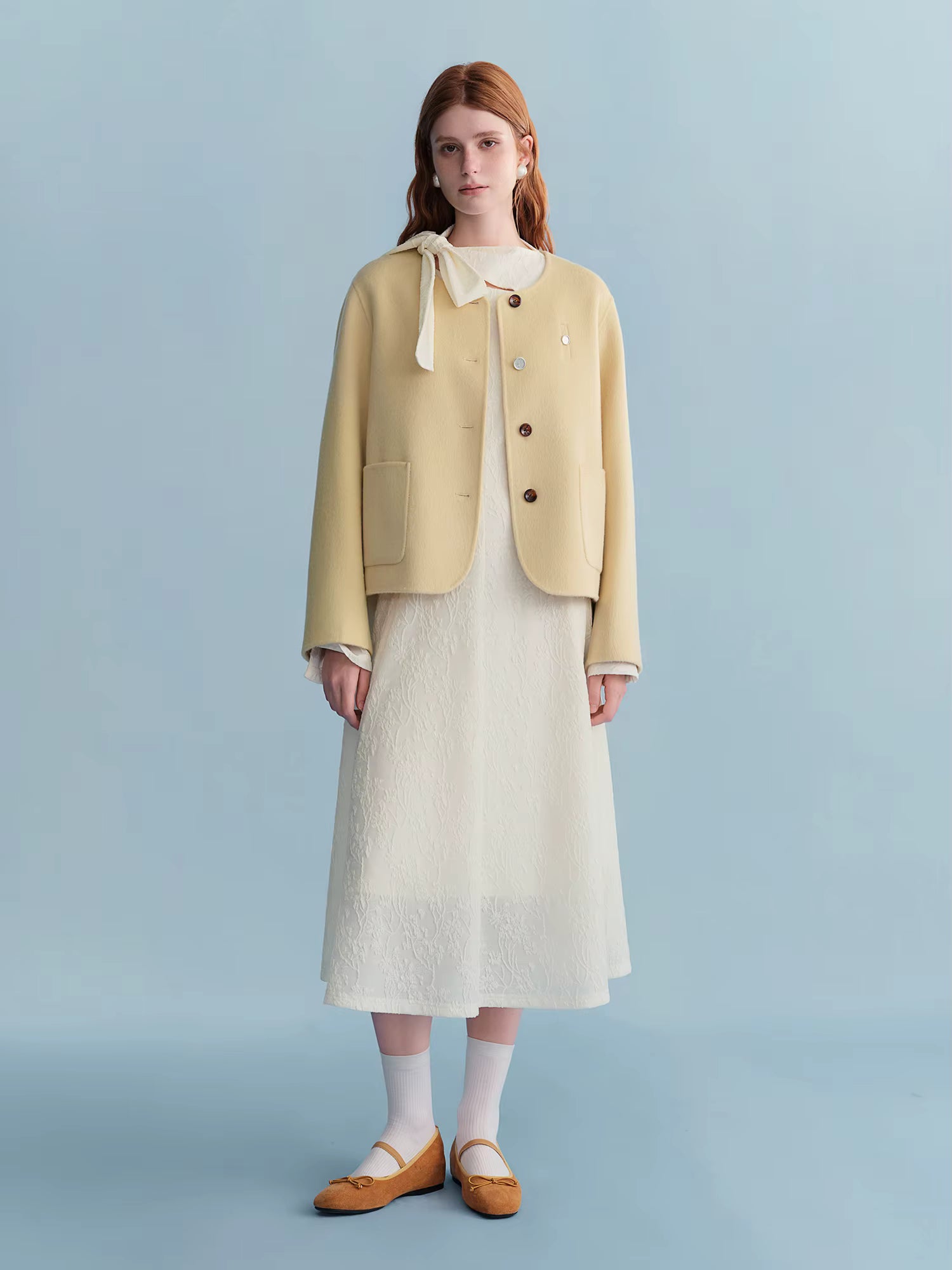 Embossed Textured Ribbon Beige Dress Women Plump Temperament Mid-calf French Style Long Sleeve Elegant Commuting Solid