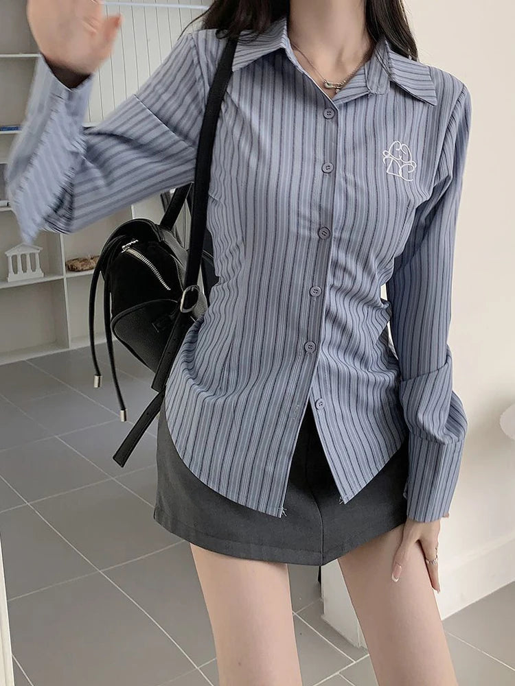 Zoki Harajuku Retro Striped Shirt Women Korean Fashion Slim Embroidery Blouse Preppy Style All Match Long Sleeve Casual Tops