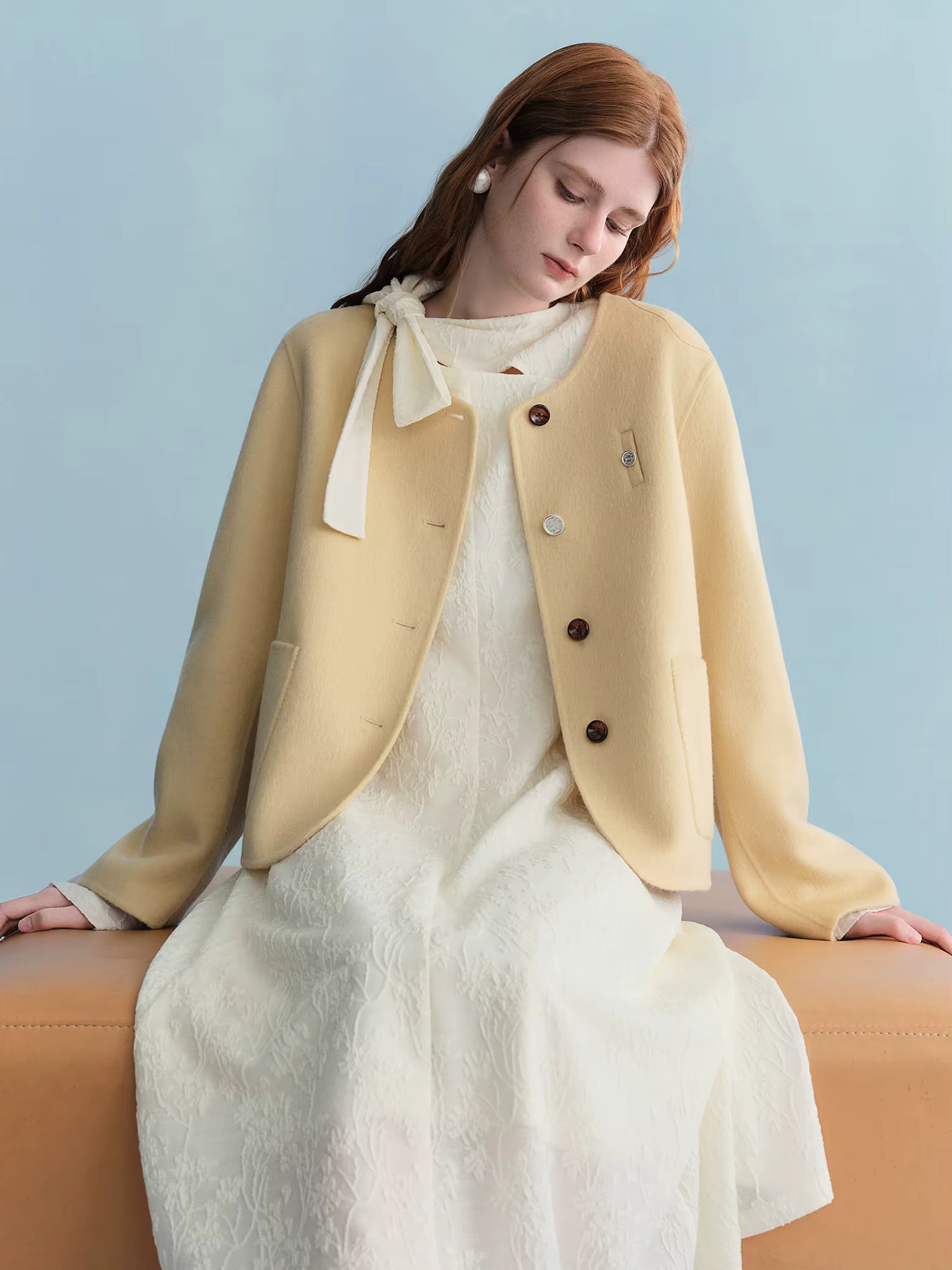 Sweet Yellow Round Neck Short Wool Woolen Coat Straight Cropped Coat Winter Simple Korean Style Girlish