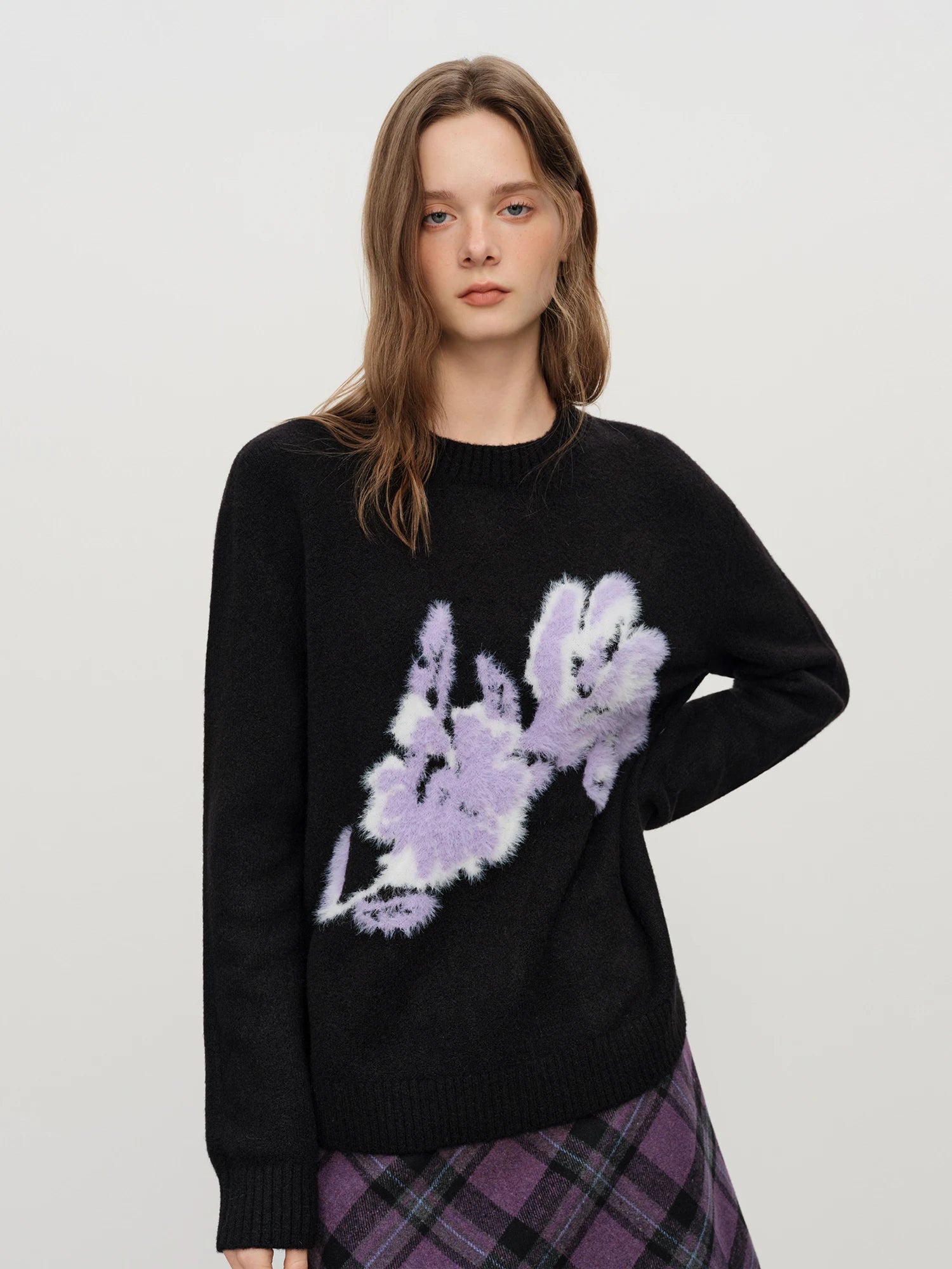 Winter 2025 Women's Floral Jacquard Knit Sweater - French Style Round Neck Pullover Warm Cozy Versatile Top
