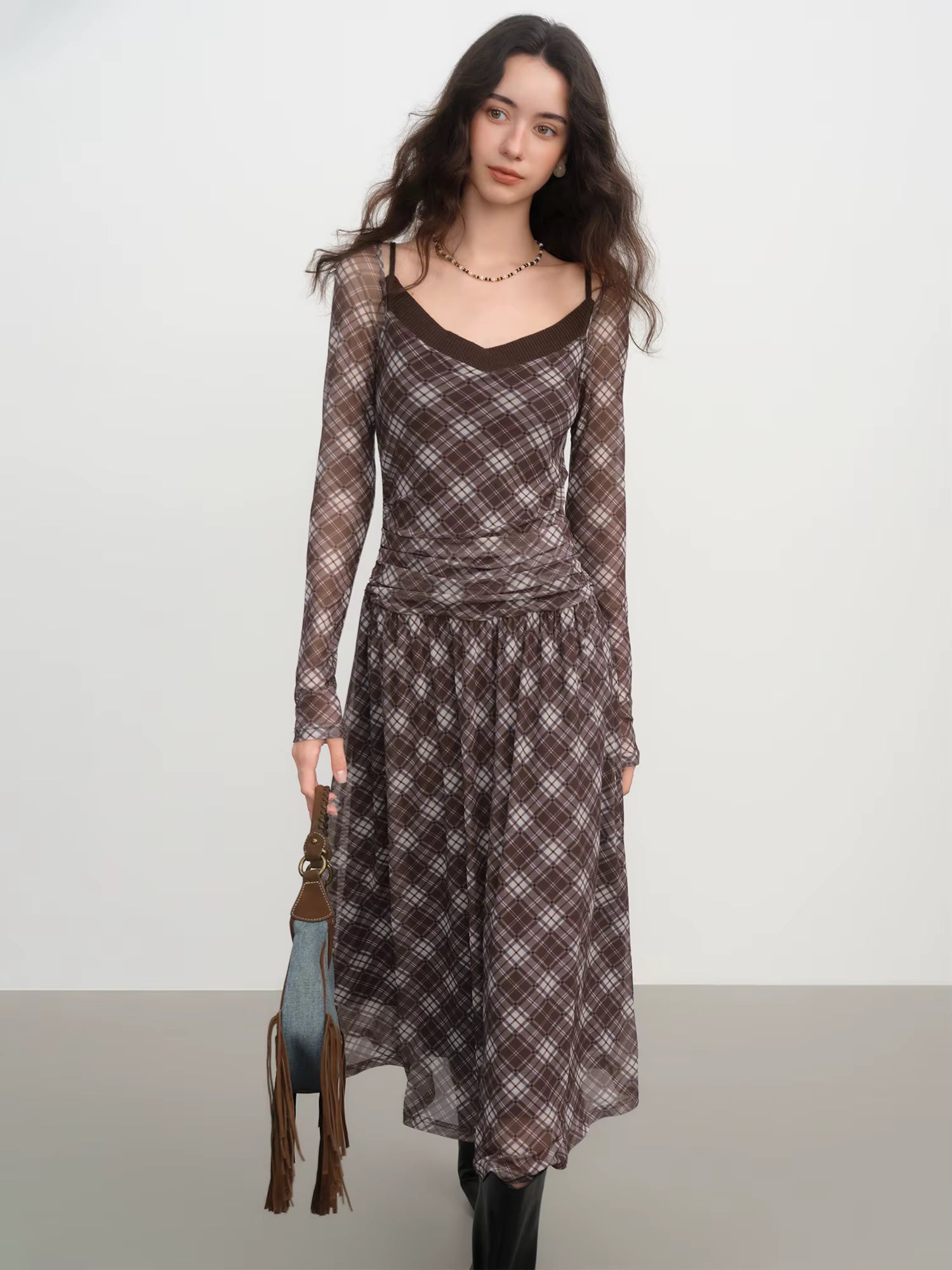 Elegant Women's Vintage Plaid Pleated Faux Two Piece Slimming Fitted Dress for Winter 2025 New High Waist Travel Dresses