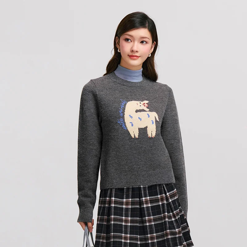 Semir Sweater Women Jacquard Cute Fun Trendy 2024 Winter New Round Neck Shoulder-Fitting Sweater Sweet Cool Pullover Sweater