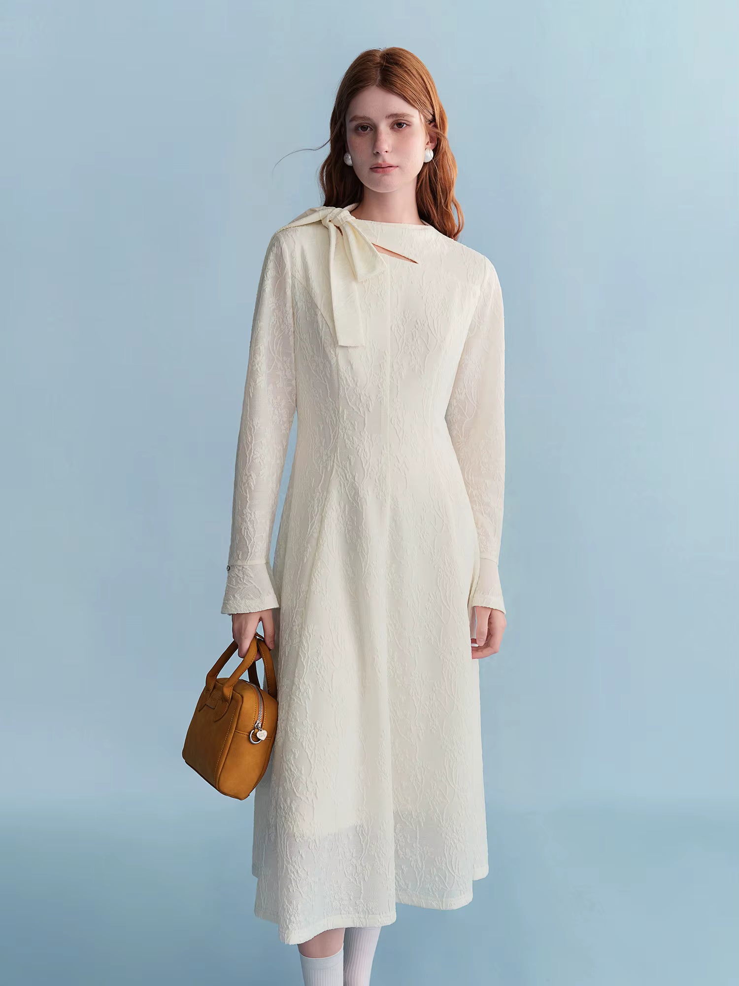 Embossed Textured Ribbon Beige Dress Women Plump Temperament Mid-calf French Style Long Sleeve Elegant Commuting Solid