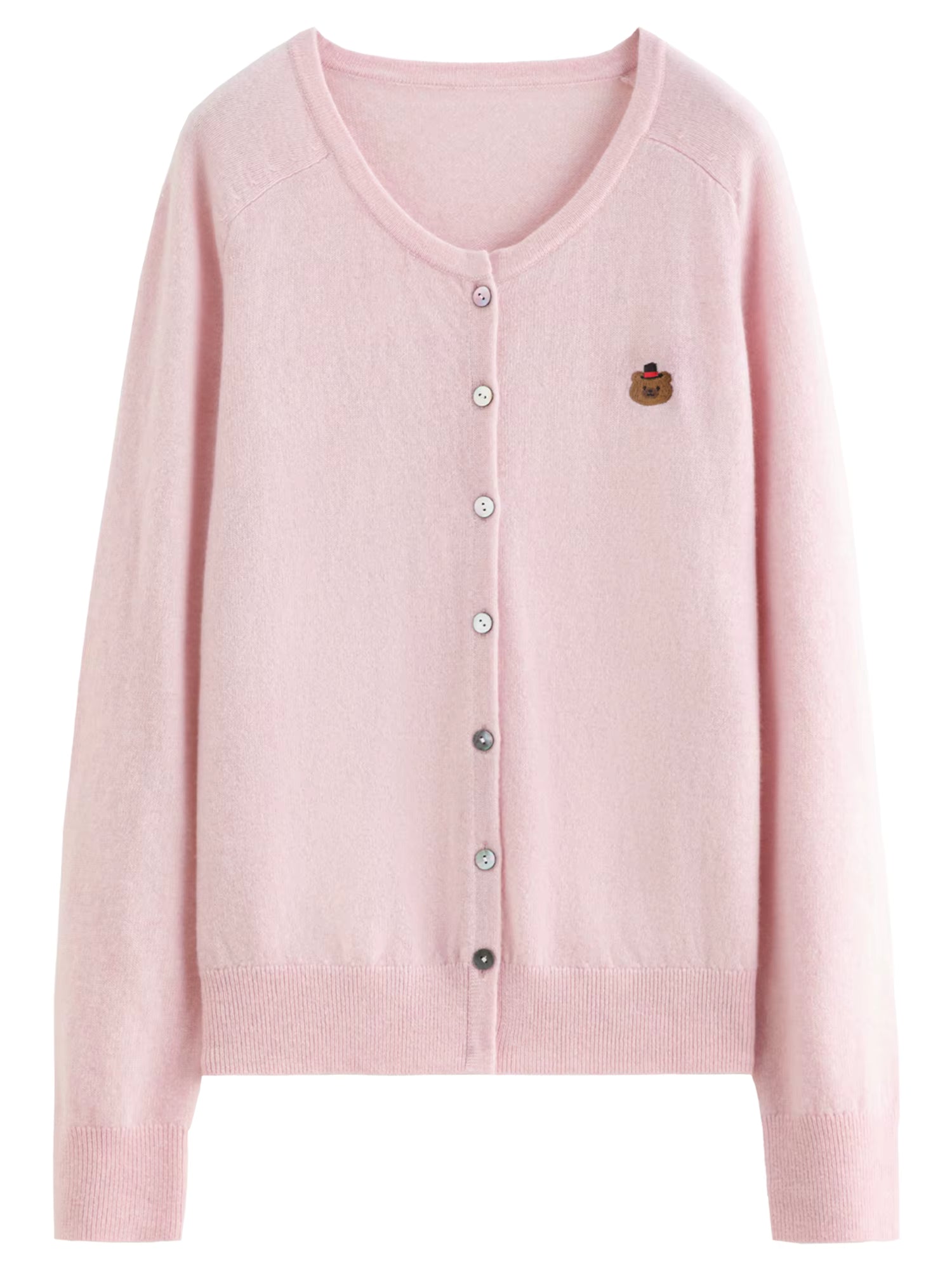 Cute Animal Pattern Embroidery Round Neck 100% Wool Slightly Oversized Knit Cardigan Long Sleeve Top