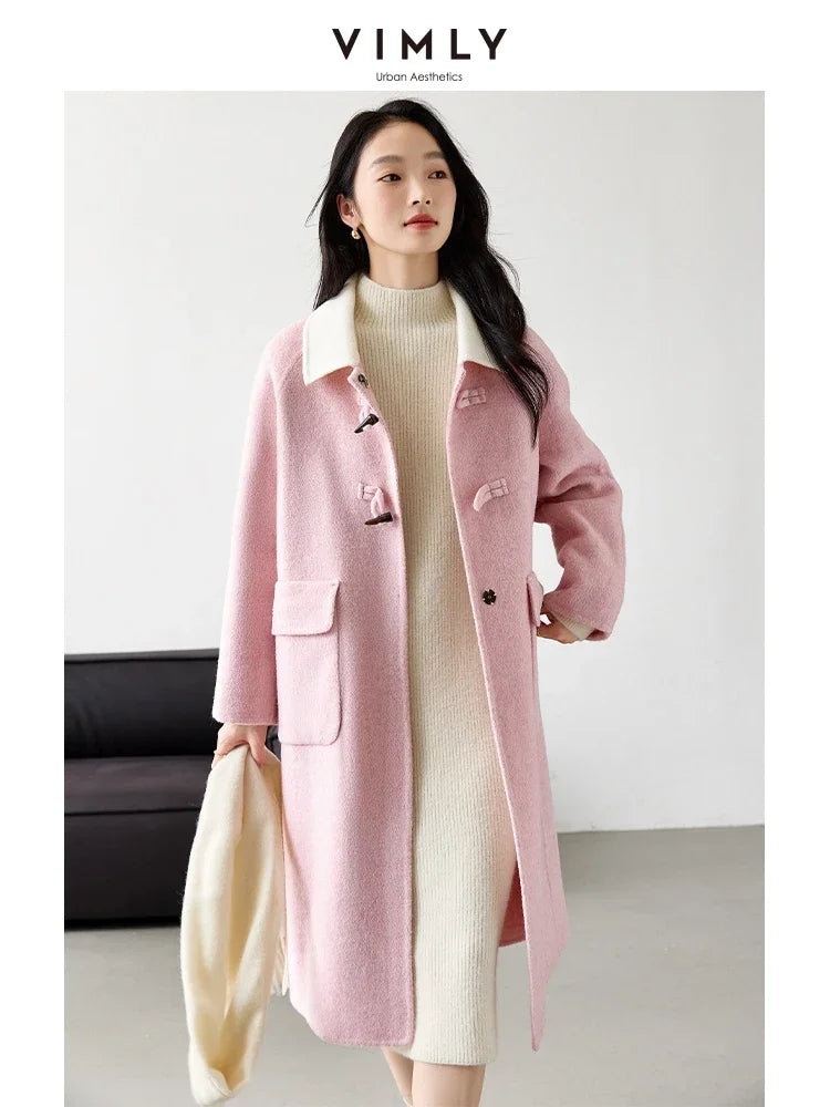 VIMLY Women's Office Lady Woolen Coat Winter Long Straight Overcoat Contrast Color Lapel Coats Female Simple Casual Outerwear