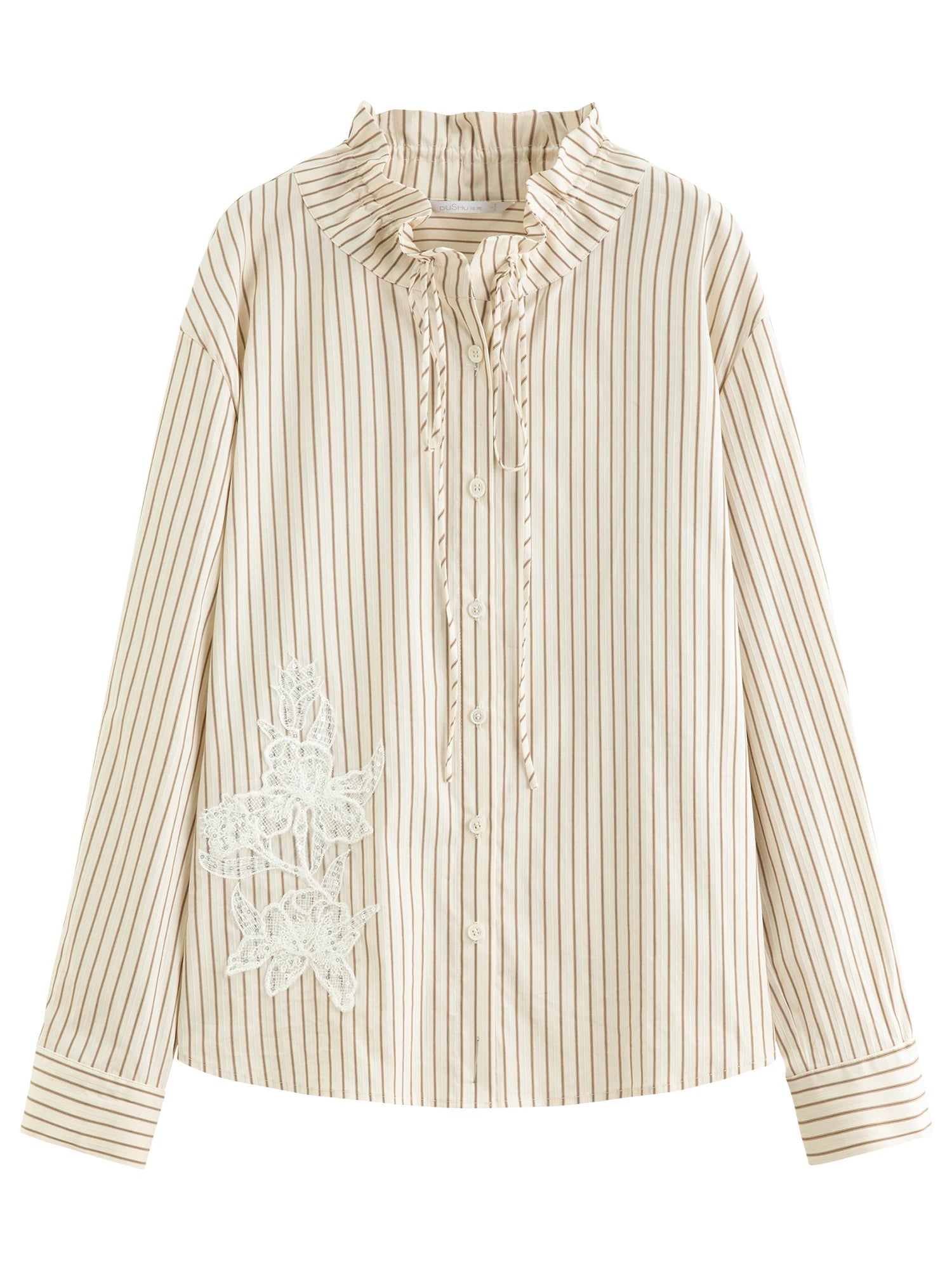 Plus Size Women's French Style Long-sleeved Ribbon Shirt 2025 Autumn New Arrival Striped Shirt Lace Patch Design Chic Top