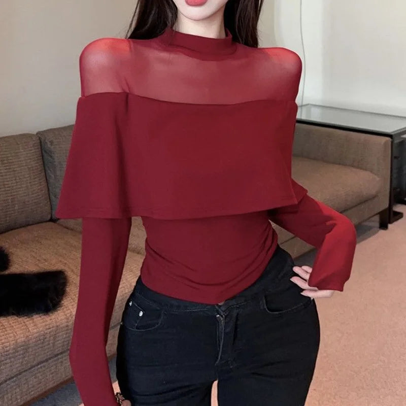 Red Ladies Undercoat Casual Tops Autumn Winter Thin Solid Color Pullovers 2023 New Vintage Women's Clothing Sexy Slim T-Shirts