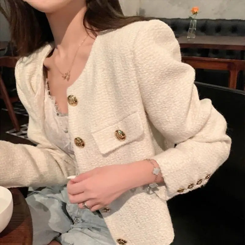 QWEEK Korean Tweed Jackets Women Oversized Single Breasted Woolen Short Coats 2023 New Autumn Spring Vintage Outerwear Crop Top