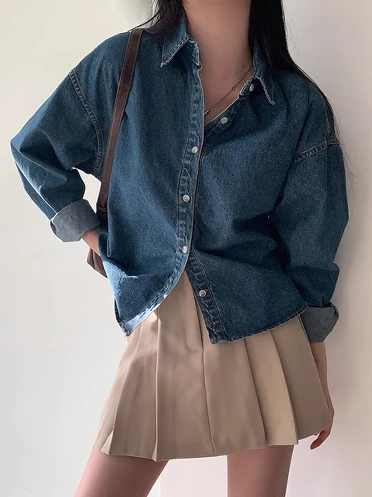 Women's Denim Shirt Korean Sle Early Spring Outfit Vintage Collar Loose Design Casual Shirt Long Sleeve Polo Collar Pure Color