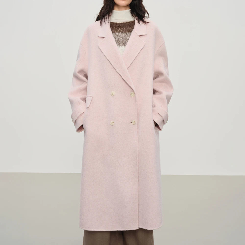 Women's Pure Wool Double Breasted Coat - Classic Mid-Length Winter Trench Warm Elegant Overcoat