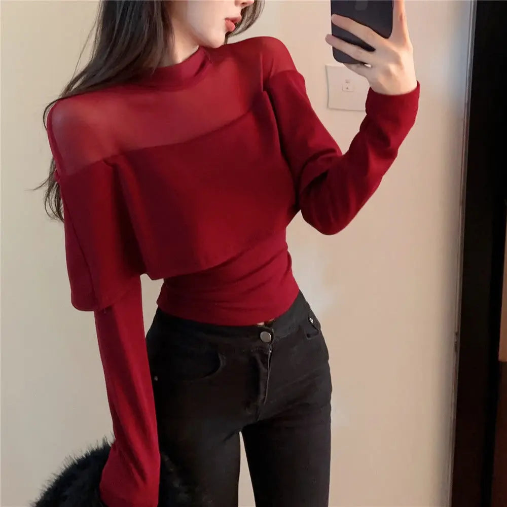 Red Ladies Undercoat Casual Tops Autumn Winter Thin Solid Color Pullovers 2023 New Vintage Women's Clothing Sexy Slim T-Shirts