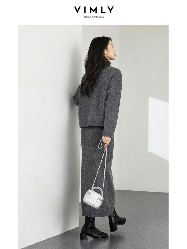 VIMLY Office Lady Knitted Set for Women's Autumn Winter Casual Pullover Knitted Sweater Top Skirt Sets Simple Thick Warm Sets