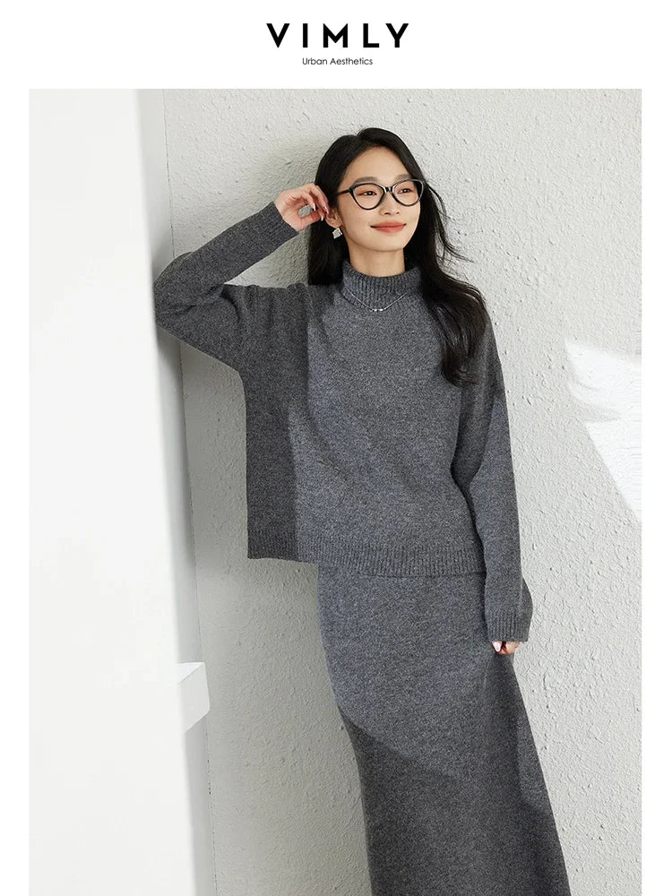 VIMLY Office Lady Knitted Set for Women's Autumn Winter Casual Pullover Knitted Sweater Top Skirt Sets Simple Thick Warm Sets