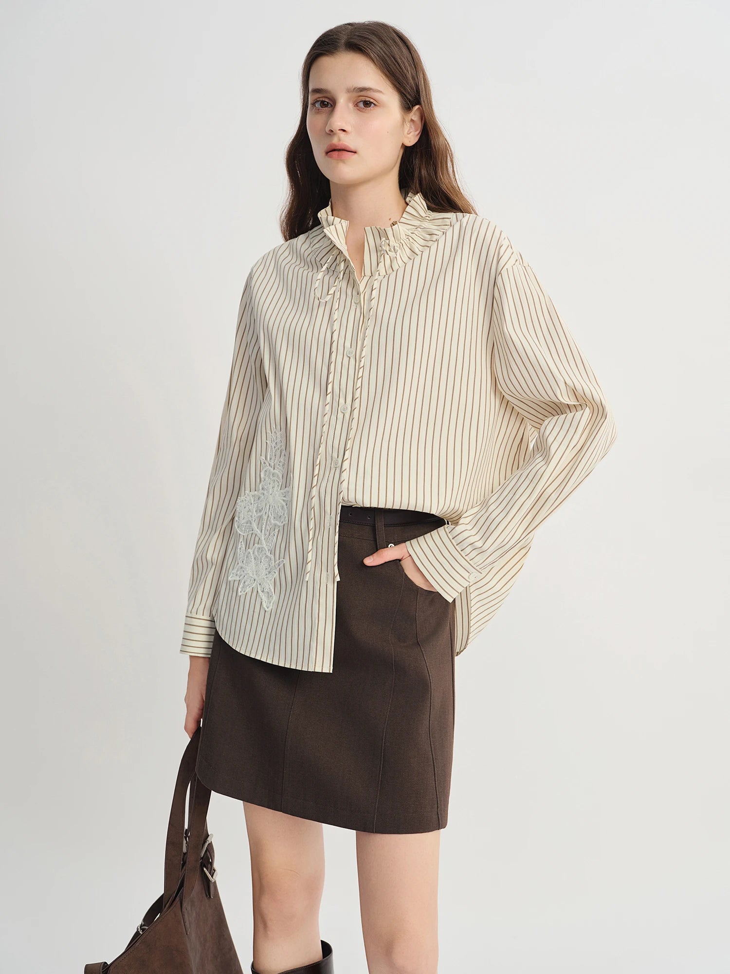 Plus Size Women's French Style Long-sleeved Ribbon Shirt 2025 Autumn New Arrival Striped Shirt Lace Patch Design Chic Top