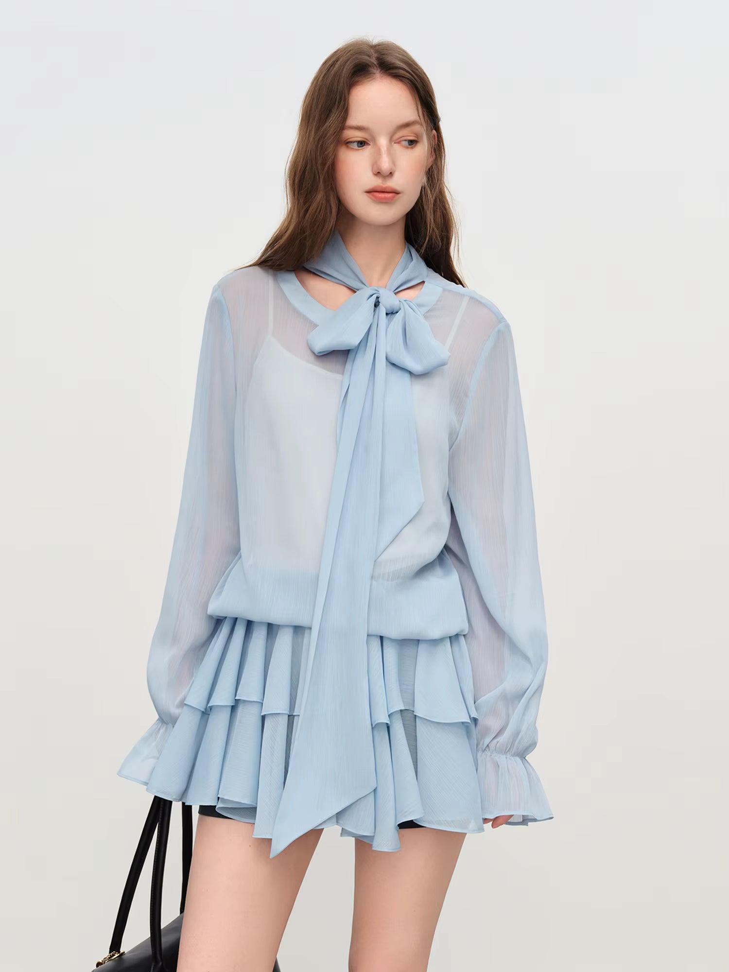 Korean Ballet Style Ruffled T-shirt Women's 2025 Autumn and Winter Chiffon Ribbon Shirt Layered Two-piece Suit
