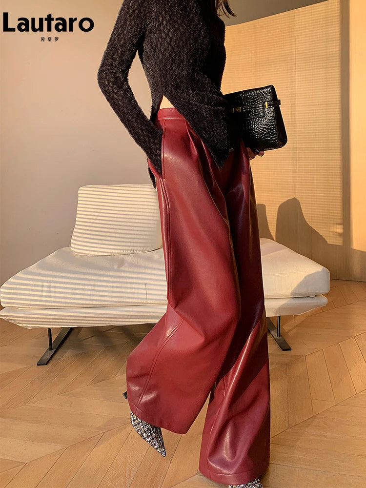 Lautaro Spring Autumn Loose Casual Soft Black Burgundy Pu Leather Wide Leg Pants for Women High Waist Korean Style Fashion 2023